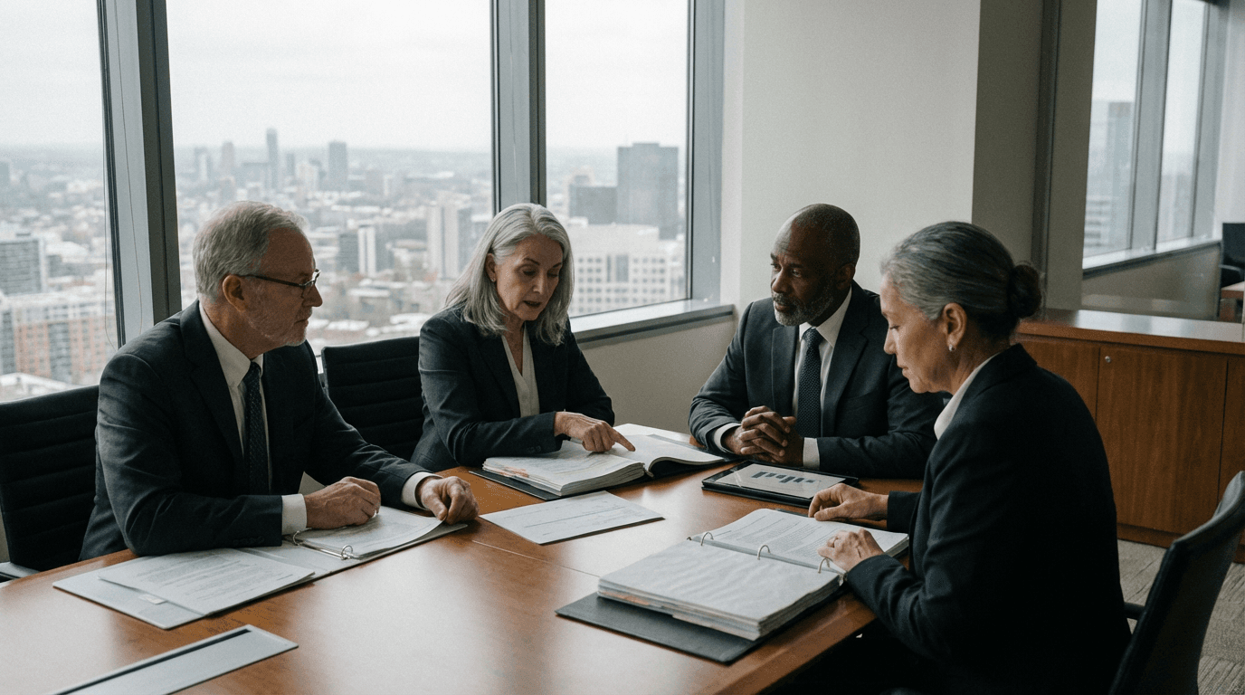Senior leaders in a boardroom reviewing regulatory materials and digital briefs with a city skyline beyond the windows