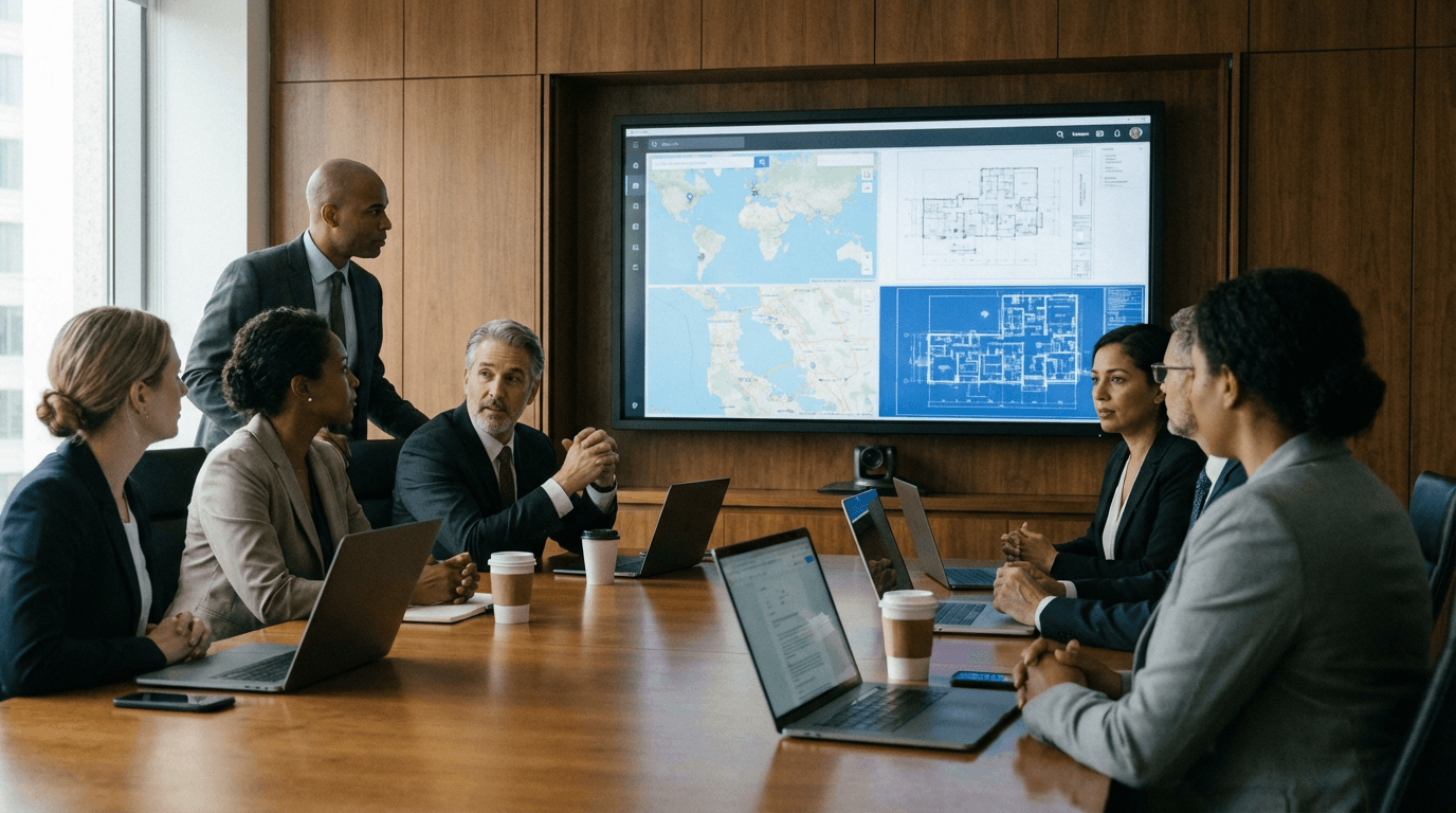 Delivery leadership reviewing global programs and architecture on a large display in a structured briefing room