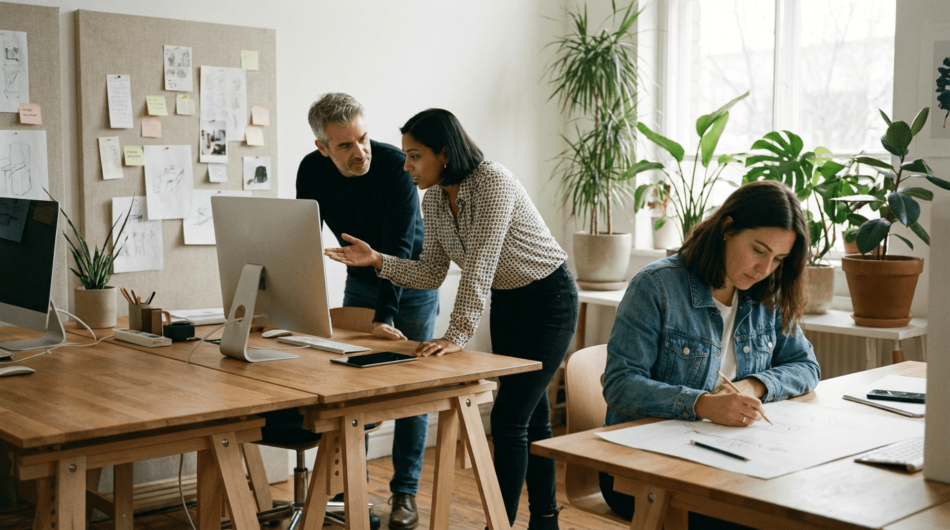Colleagues mentoring and collaborating in an open studio, representing culture and craft in daily work