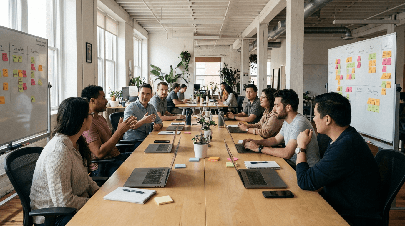 Product managers and software engineers collaborating at a shared workspace on enterprise delivery