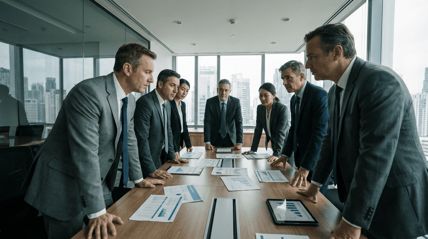 Business and technology leaders reviewing strategy documents together at a conference table