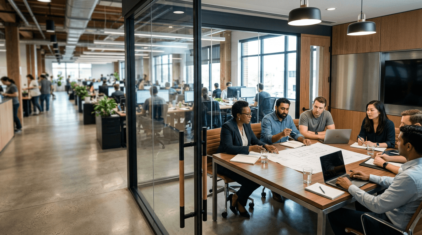 Technology leaders and engineers collaborating in a modern enterprise workspace with glass meeting rooms and an active delivery floor beyond
