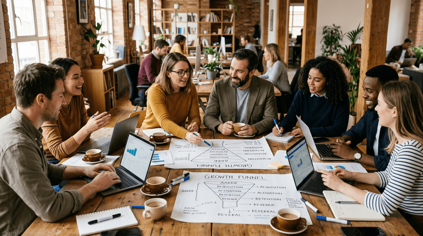 Marketing and growth professionals collaborating around laptops in a bright workspace