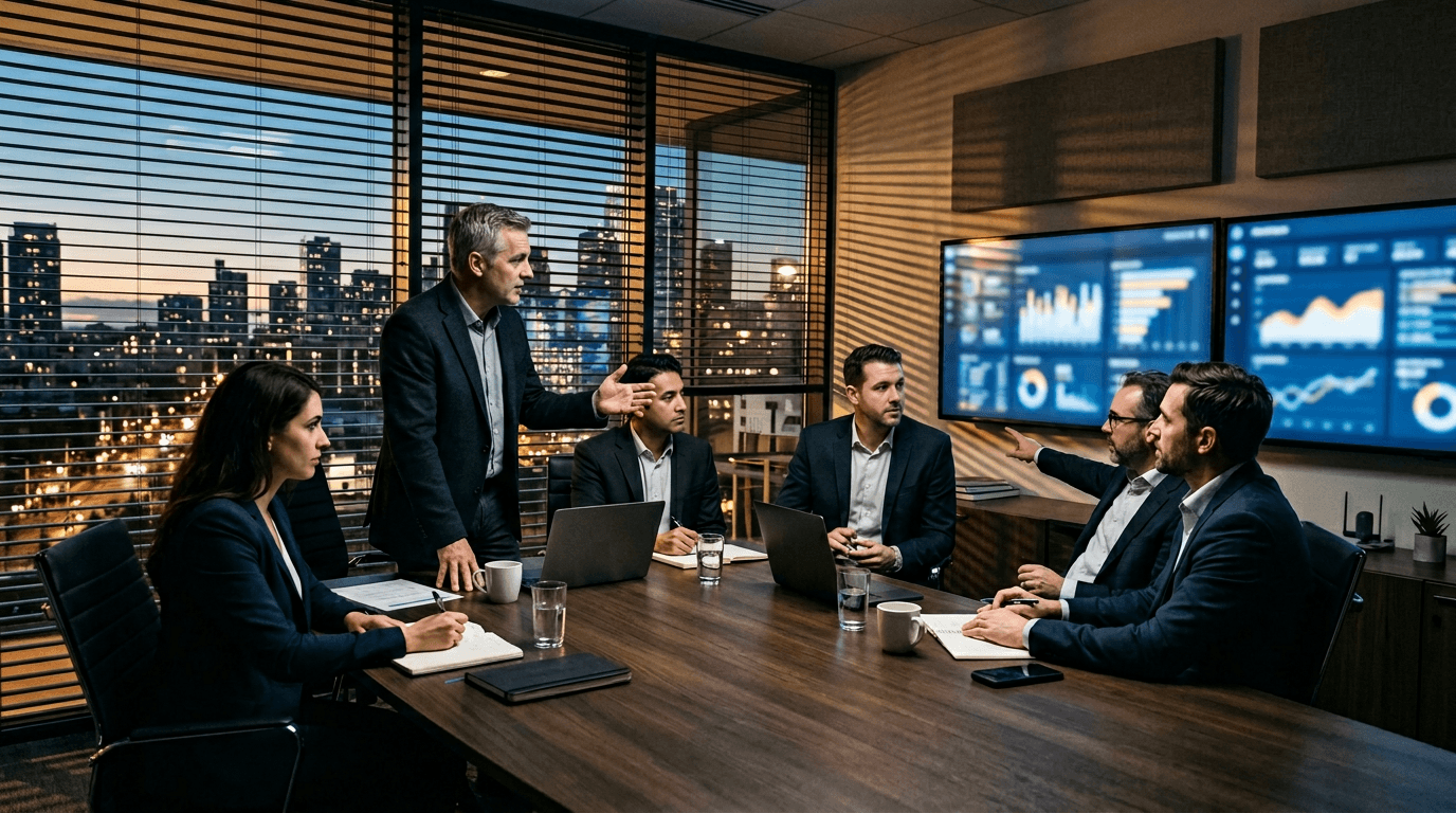 Enterprise sales and IT stakeholders in a briefing room reviewing customer engagement plans