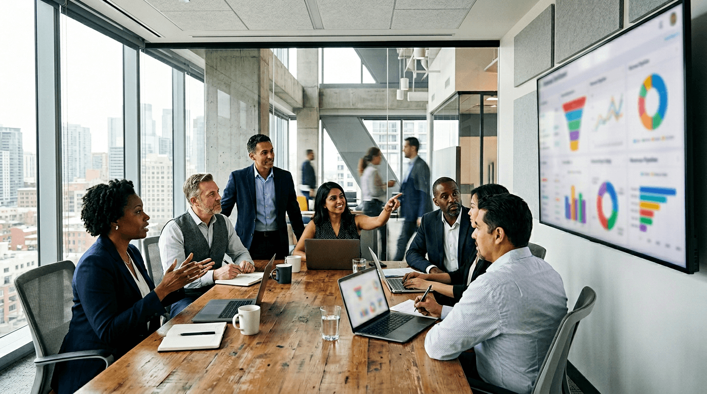 Sales and revenue leaders collaborating in front of pipeline analytics in a modern meeting room