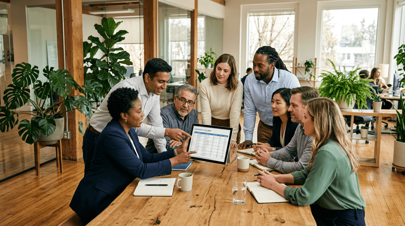 Mid-market leadership team collaborating with customer data on a tablet in an open office