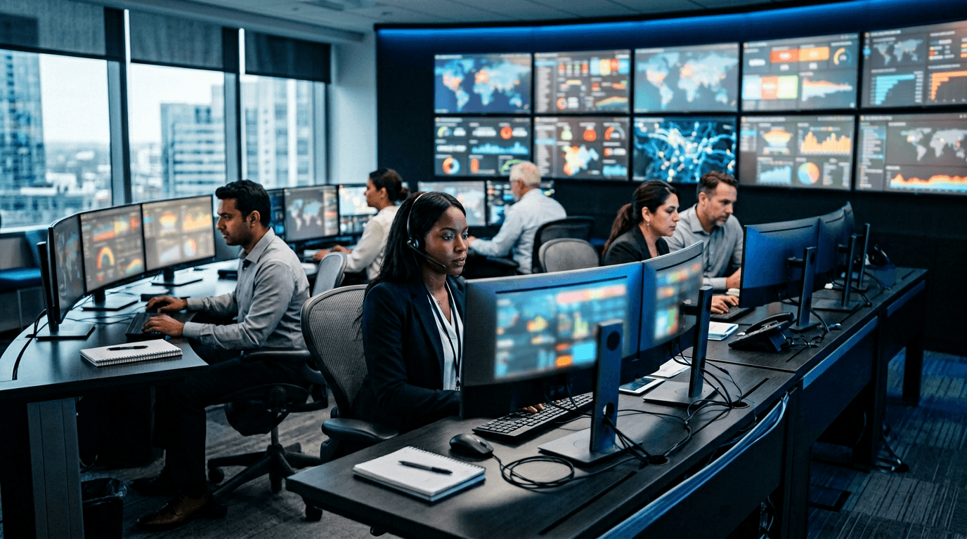 Supply chain analysts in a control-tower style operations center with large displays