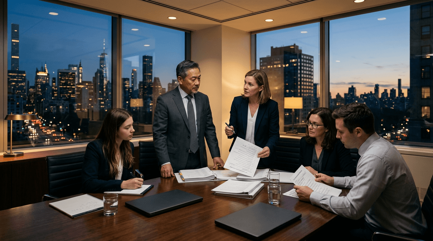 Finance executives reviewing month-end close materials in an office at dusk