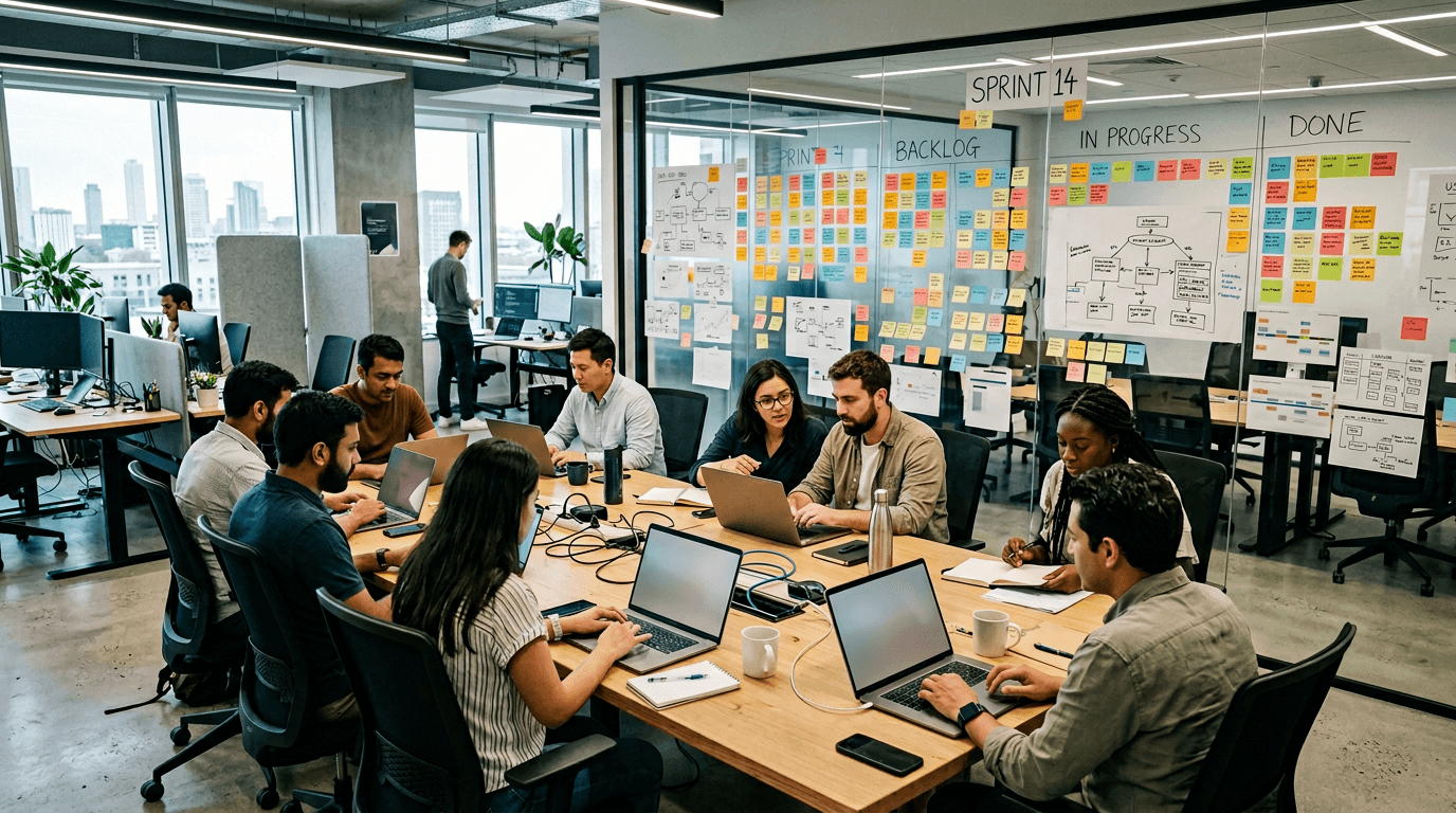 Cross-functional delivery team collaborating in a modern project room with laptops