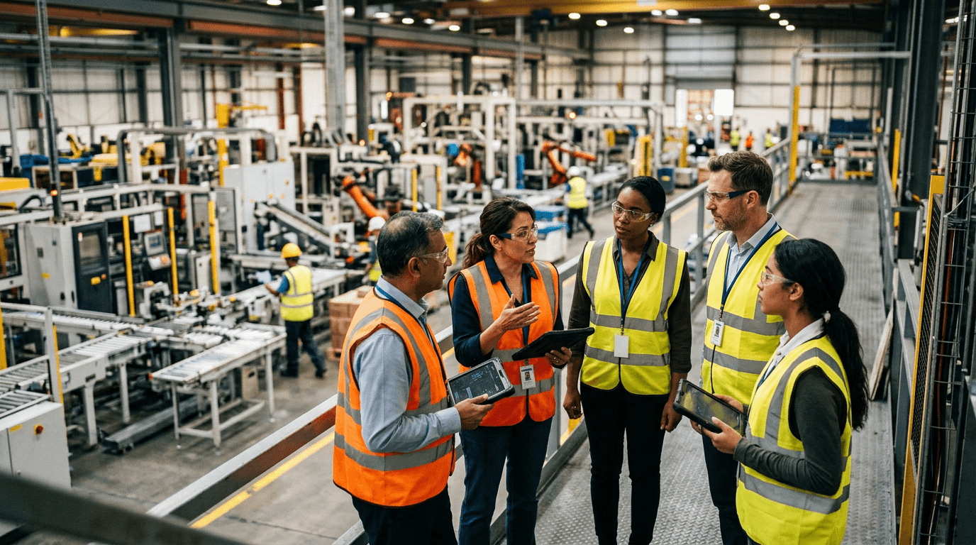 Operations and technology leaders collaborating on a manufacturing floor with tablets