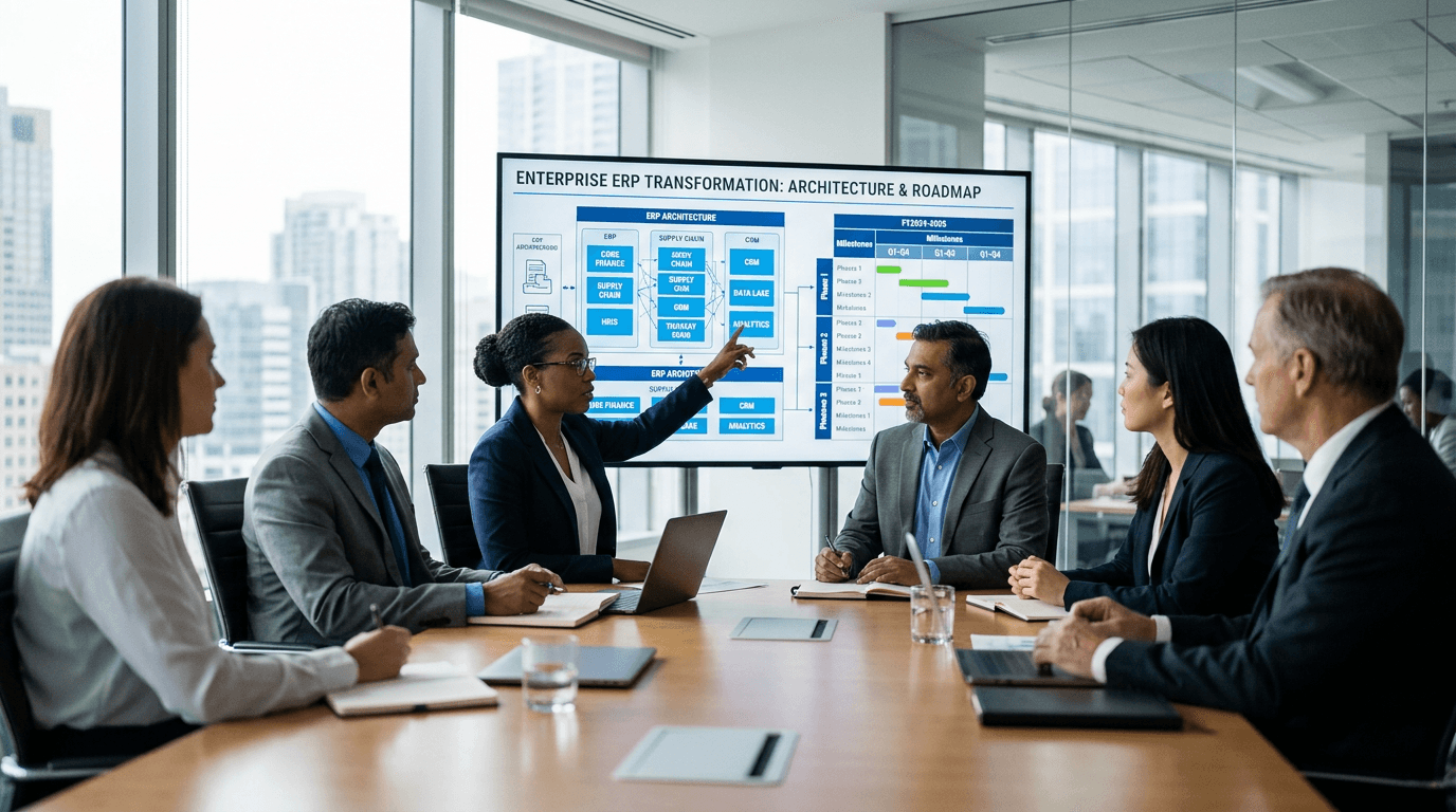 Enterprise leaders reviewing ERP architecture plans and timelines in a modern boardroom