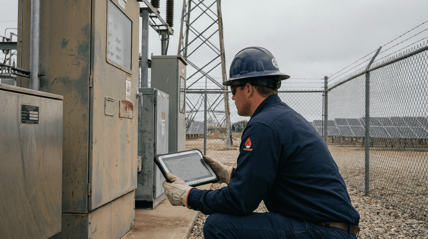 Utility field technician reviewing equipment with a rugged tablet at an outdoor power operations site