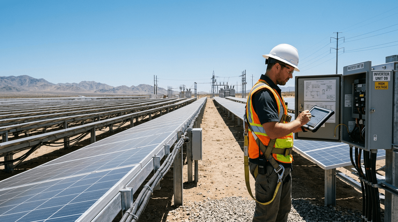 Utility field technician inspecting renewable or grid infrastructure in a safety-focused outdoor operations context