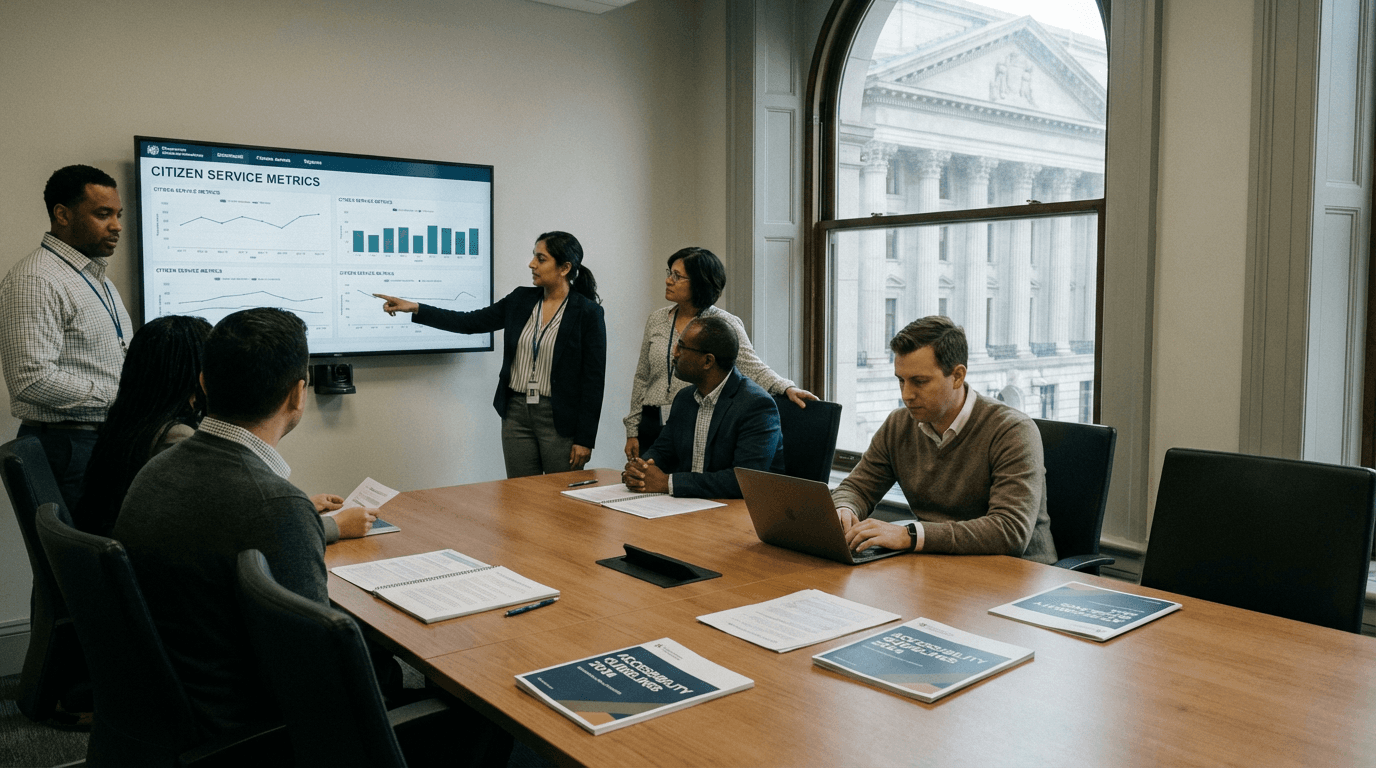 Public sector technology and policy leaders reviewing service metrics and accessibility materials in a secure office setting