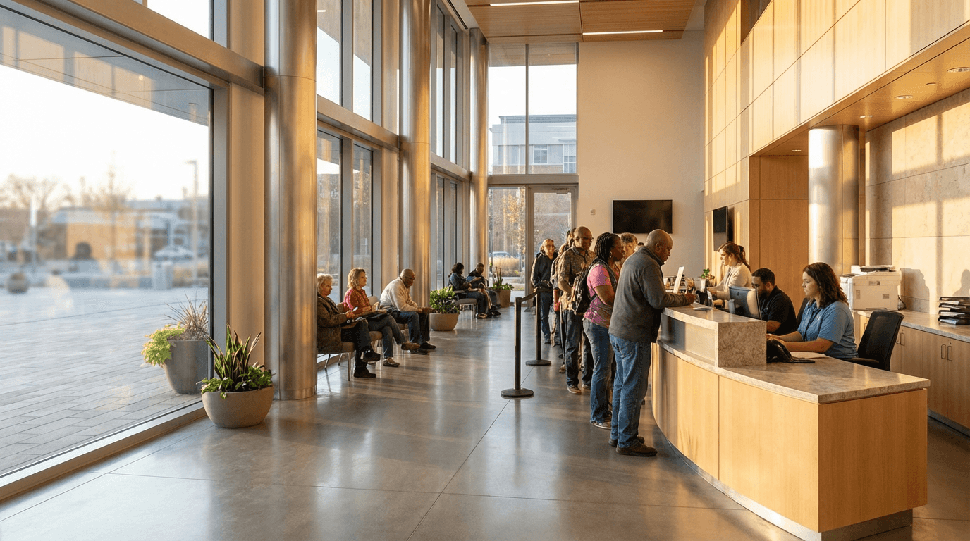 Citizens and public service staff in a dignified civic building setting representing accountable government services