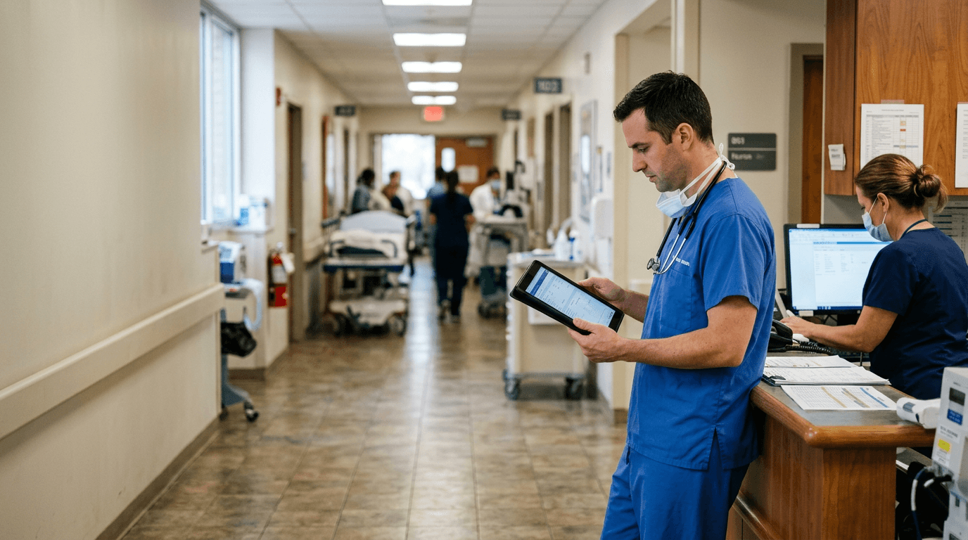 Clinical and informatics staff collaborating in a modern care environment with privacy-safe clinical workflows