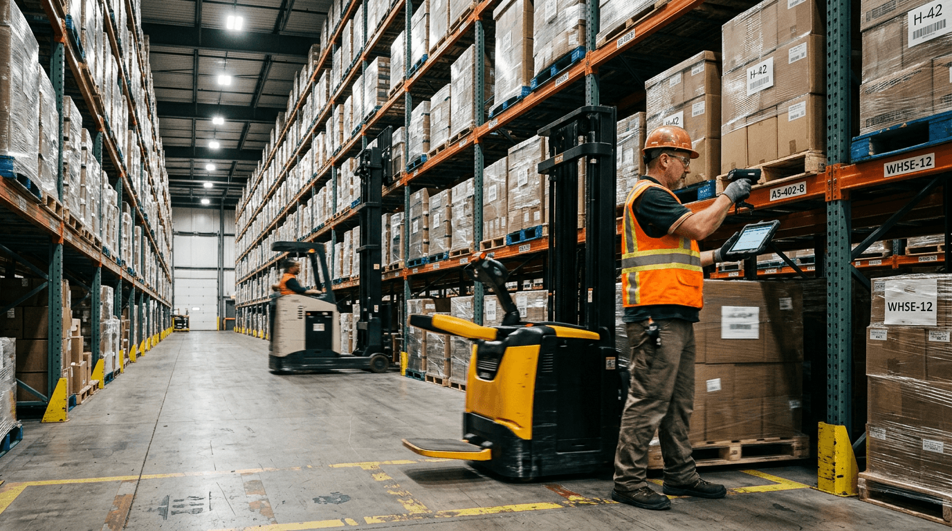 Logistics staff coordinating inventory movement and scanning in a high-bay warehouse aisle