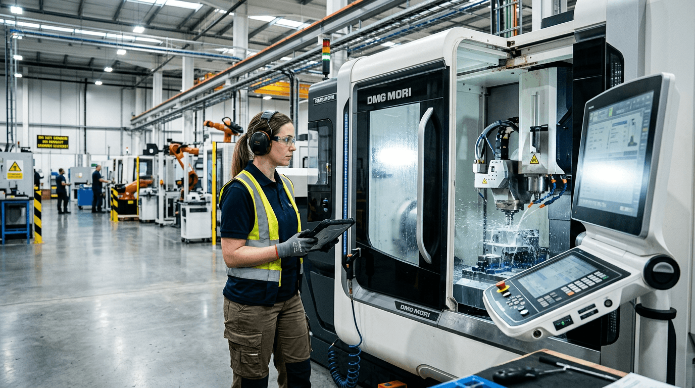 Manufacturing engineer in protective gear monitoring automated production equipment on a modern shop floor