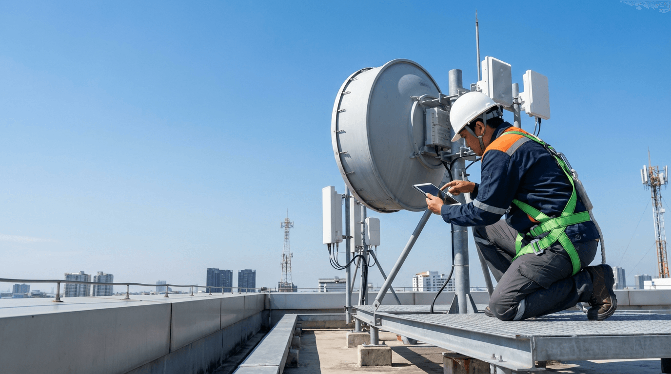 Telecommunications field engineer performing equipment work at a network site with safety gear