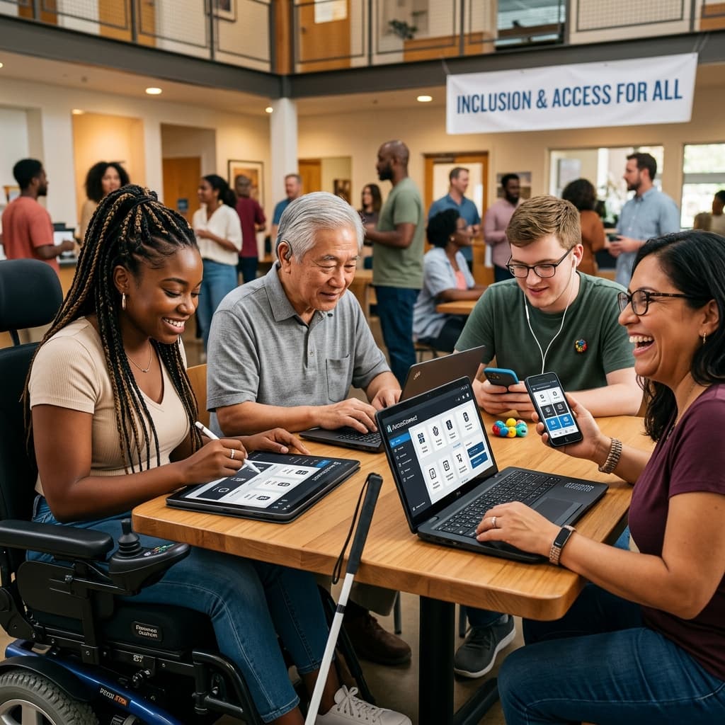 A diverse group of users interacting smoothly with an inclusive, highly accessible digital application.