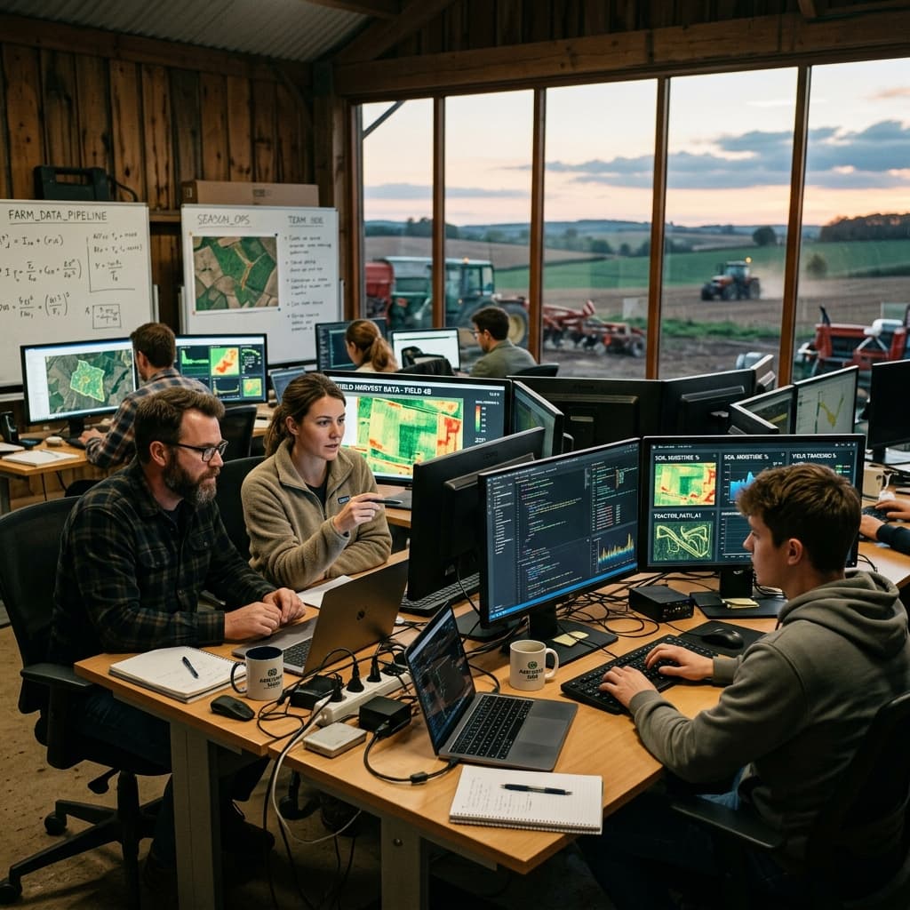 Agricultural data scientists analyzing precision farming telemetry on multiple monitors in a rural tech hub.