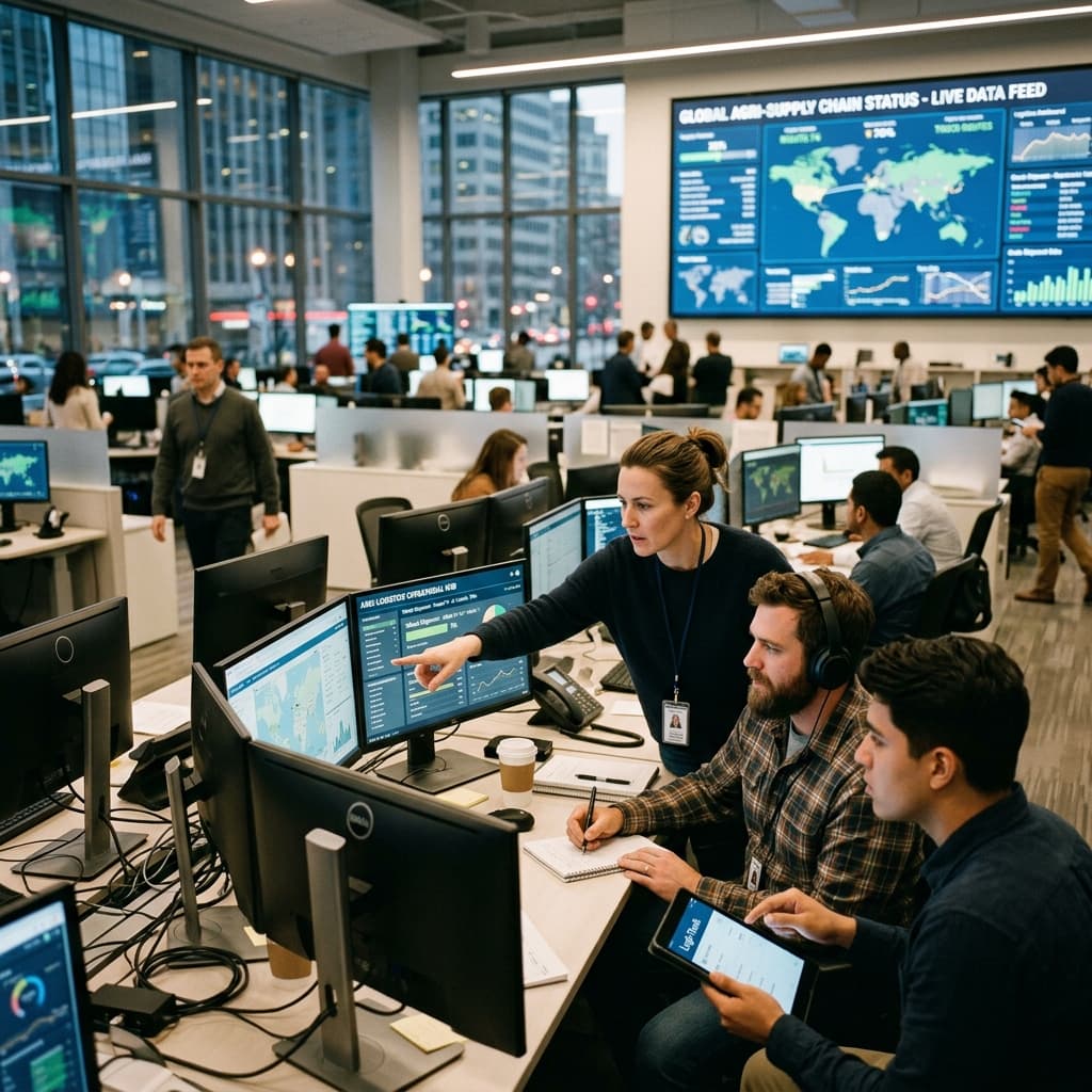 Operations staff coordinating agricultural supply chain data from a modern logistics floor.