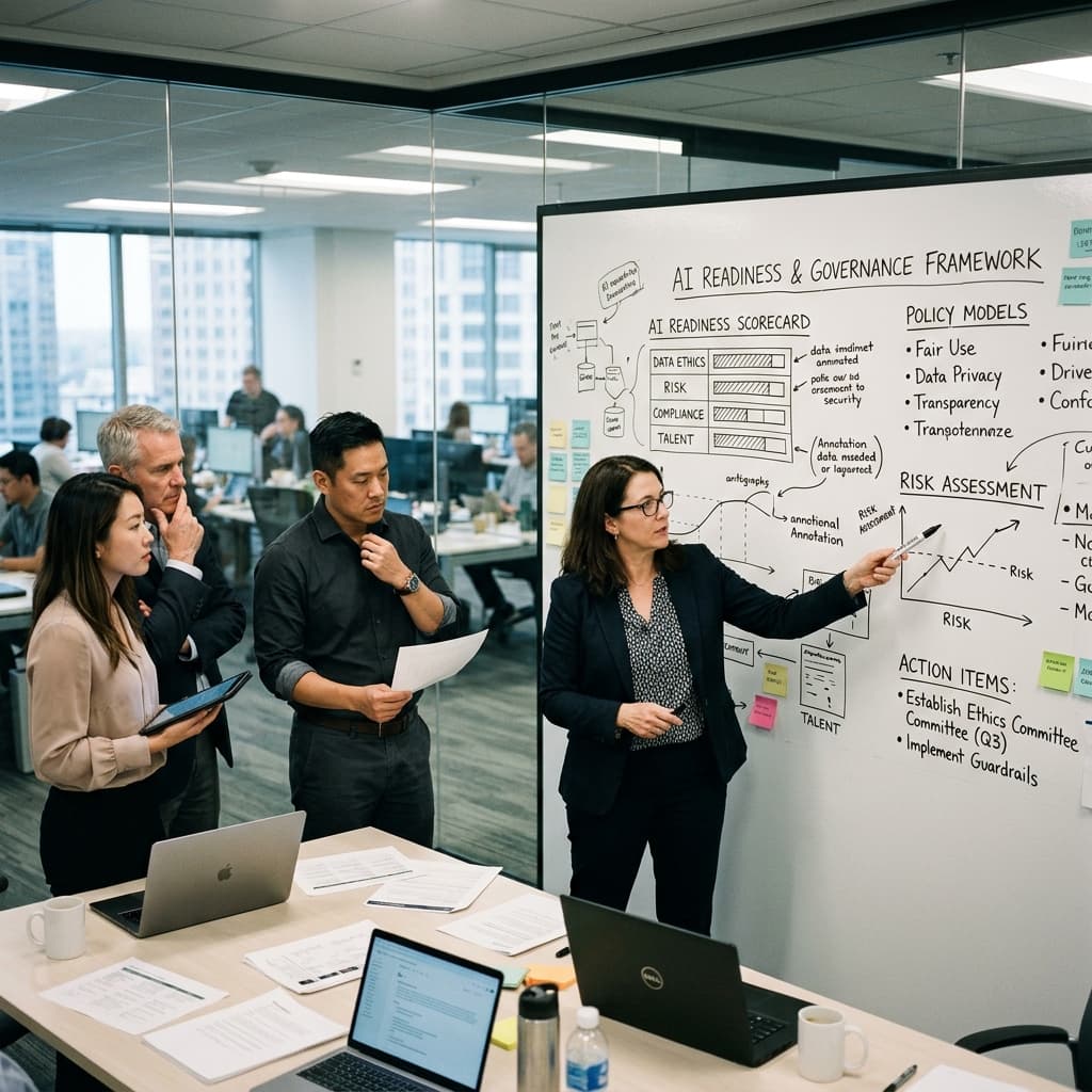 Corporate governance experts reviewing AI readiness scorecards and policy models on a whiteboard.