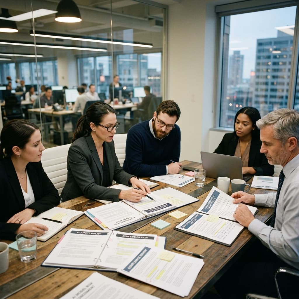 Business professionals reviewing compliance and AI governance documents around a modern conference table.