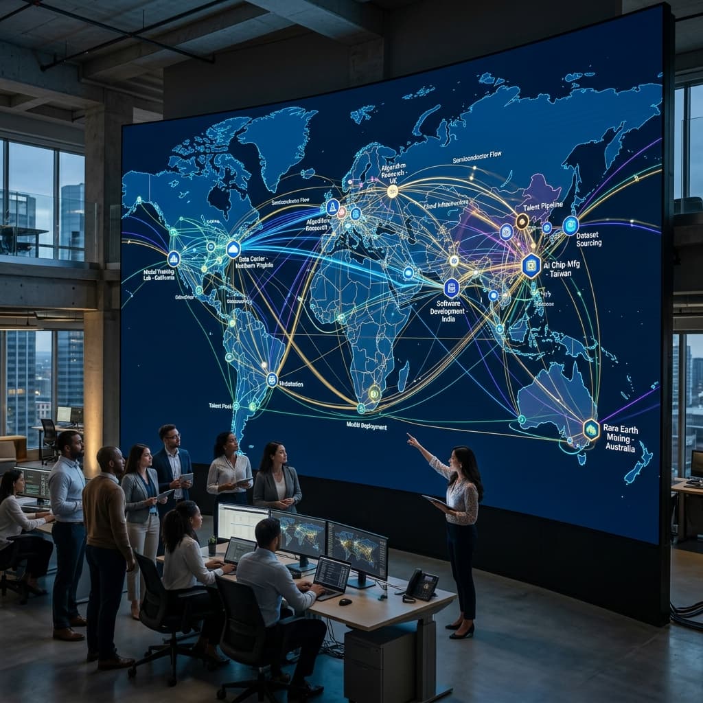 A global network map visualization of an AI supply chain with interrelated organizational nodes.