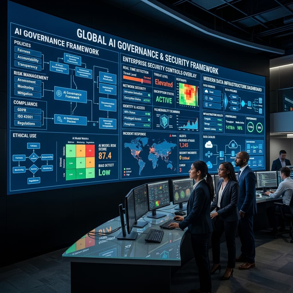 A high-level dashboard indicating an AI governance framework and enterprise security controls overlay.