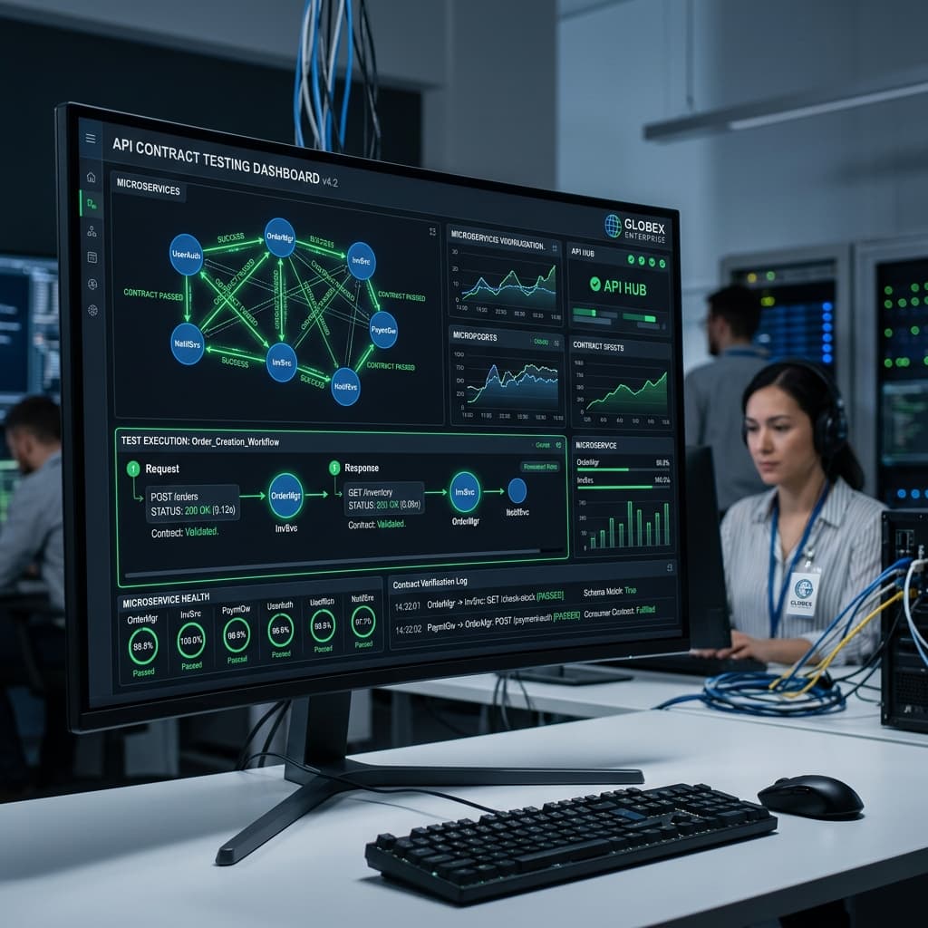 A digital interface visualizing successful microservice handshakes representing enterprise API contract testing.