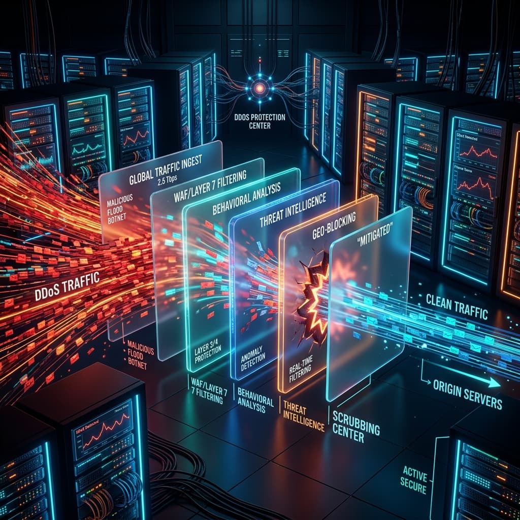 DDoS protection architecture distributed across global network traffic filtering nodes