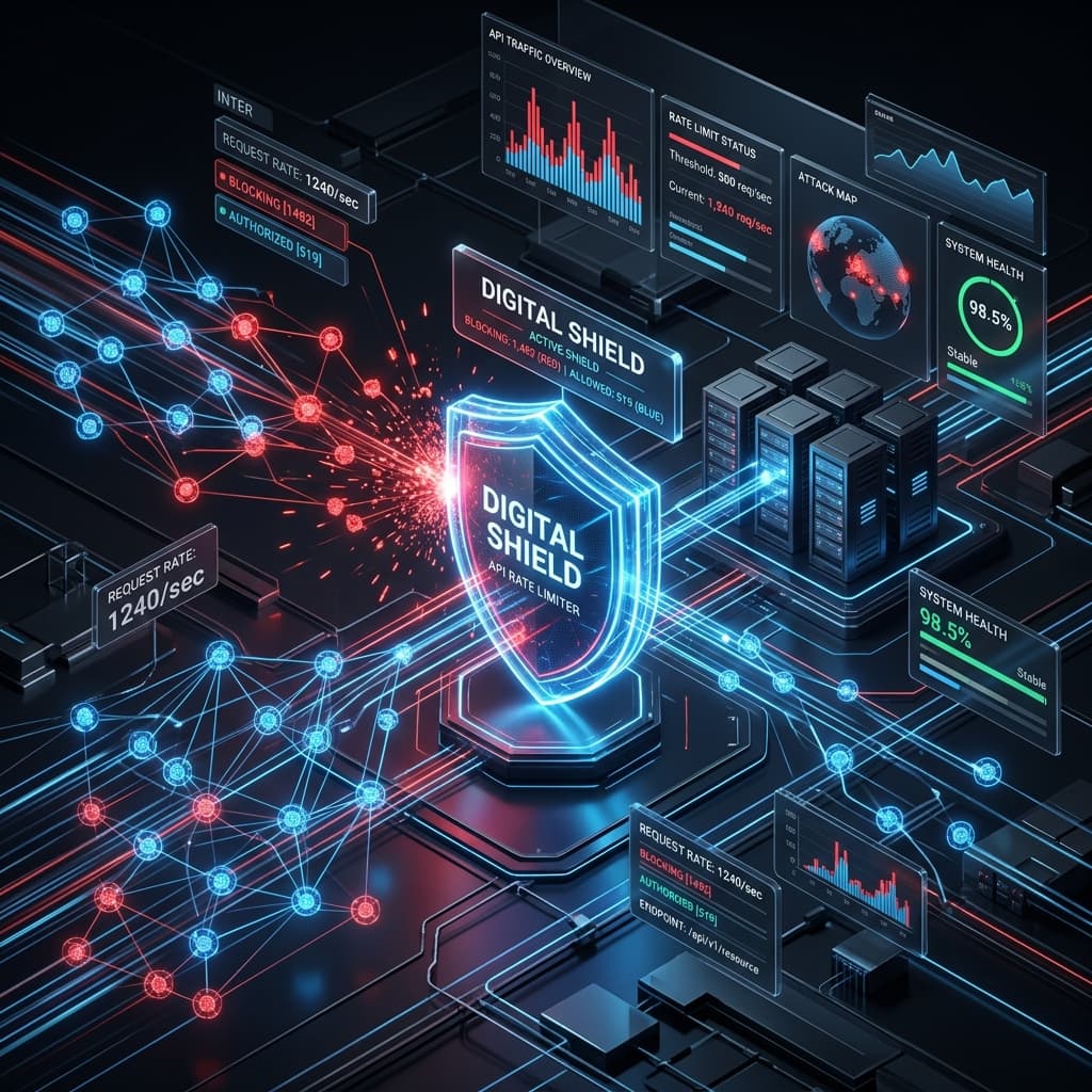 A digital shield blocking excessive network requests via dynamic rate limiting