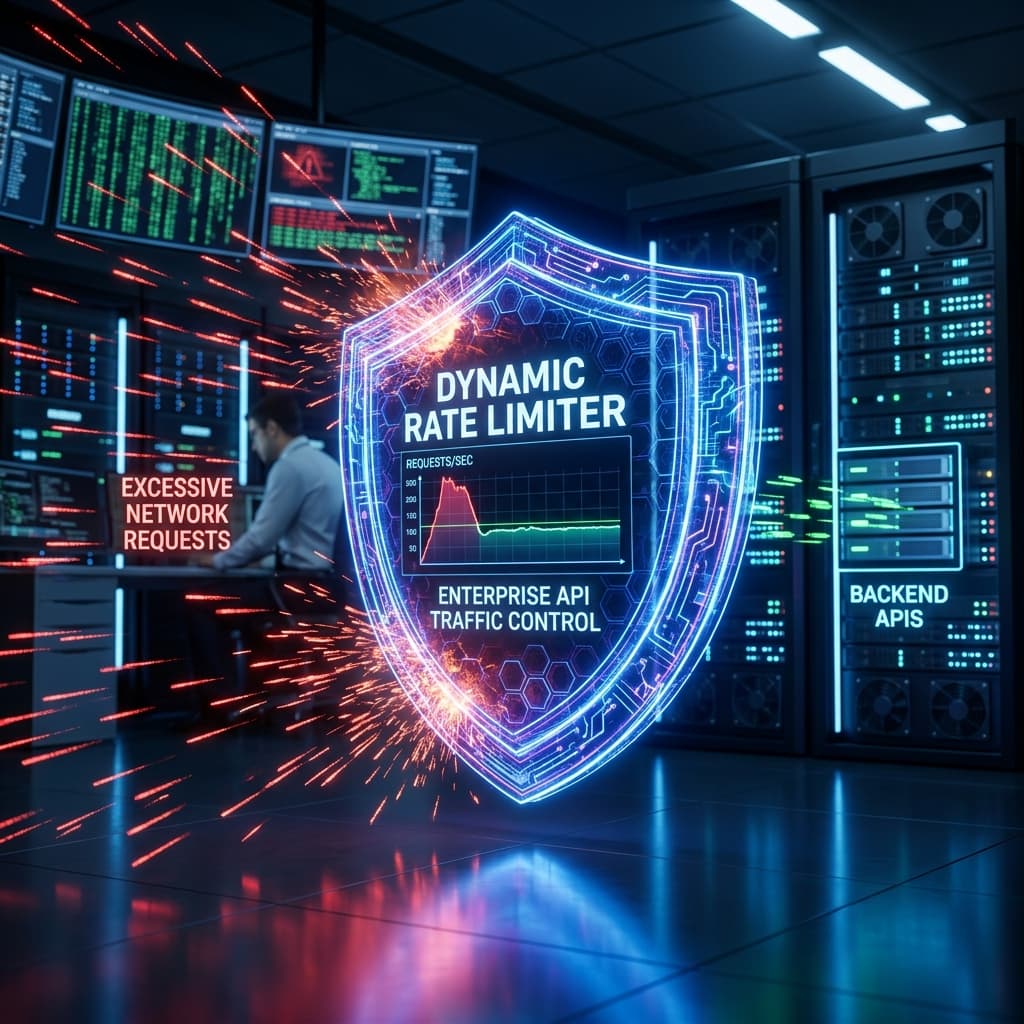 A digital shield graphic representing dynamic rate limiting mechanisms blocking excessive network requests.