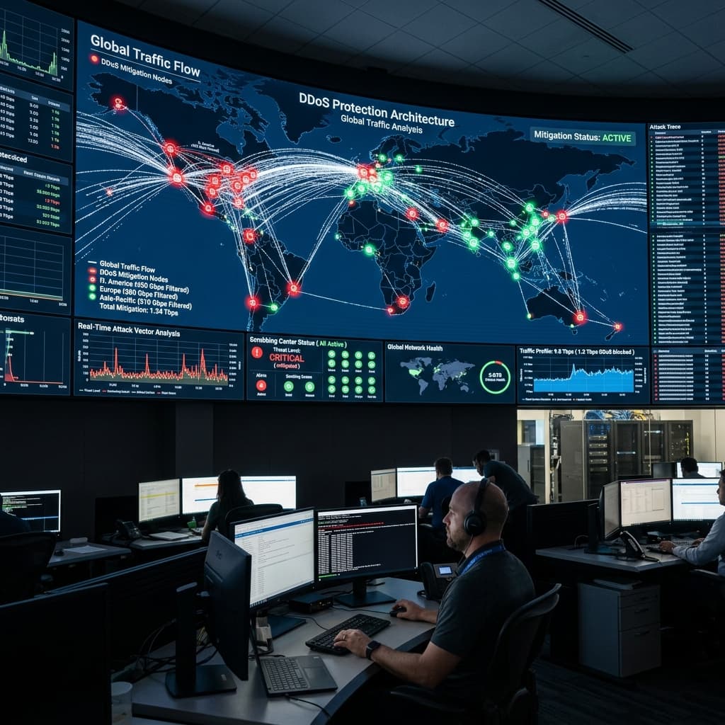A global network mapping interface visualizing distributed DDoS protection architecture filtering traffic.