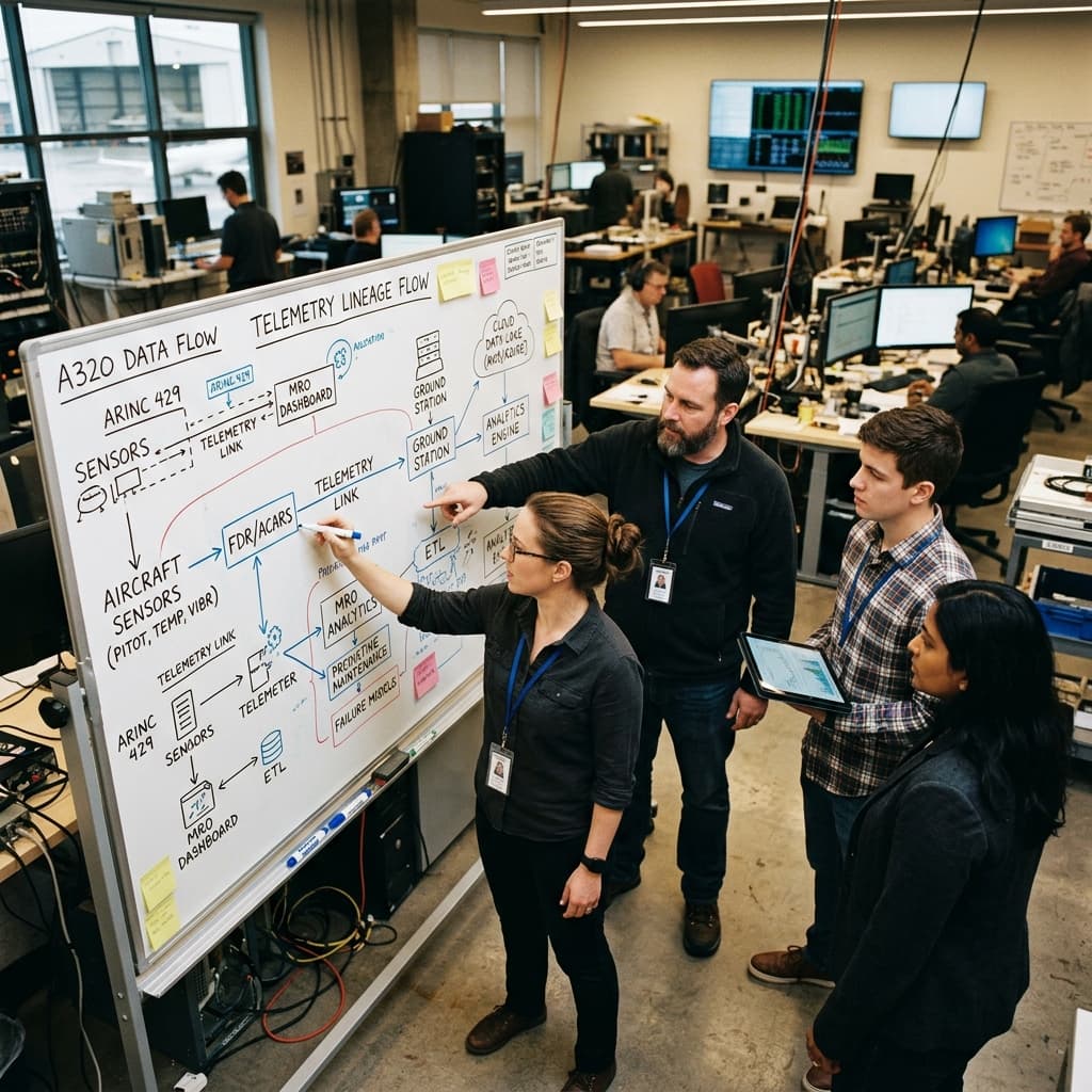 Aviation engineers tracking telemetry lineage flows from aircraft sensors to MRO analytics on a whiteboard.