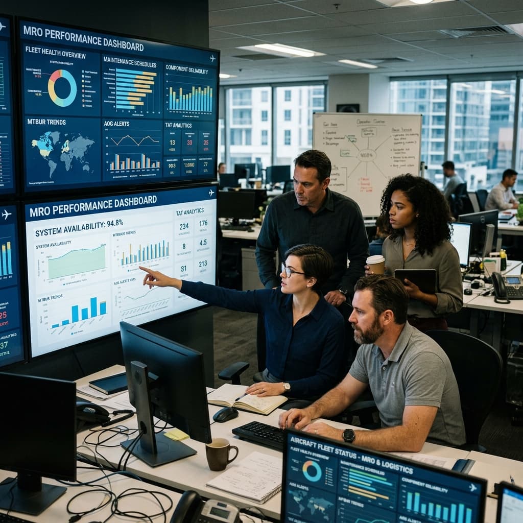 Aviation analysts reviewing MRO dashboards and performance metrics on large displays.