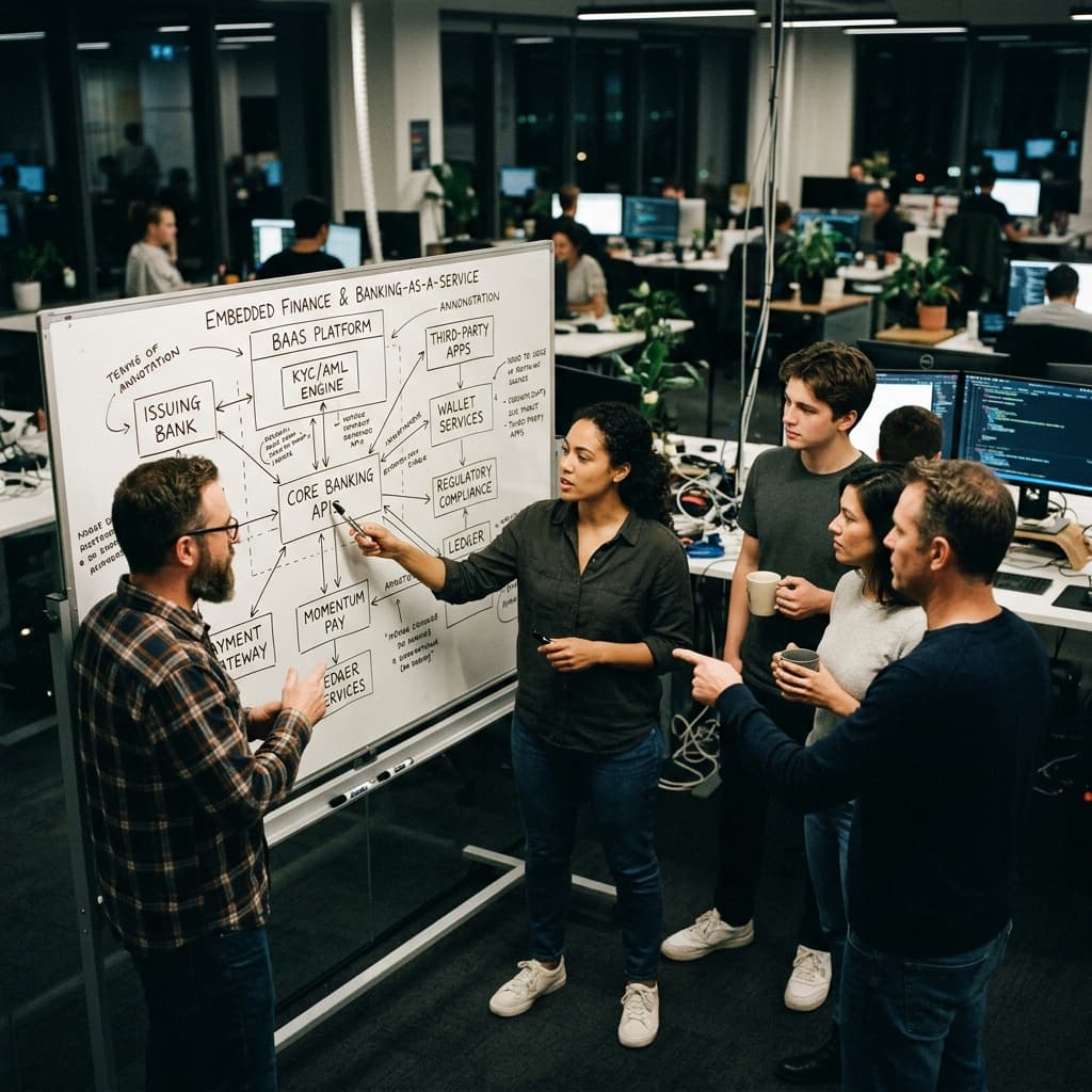 Fintech engineers analyzing an embedded finance and banking-as-a-service architecture diagram on a whiteboard.