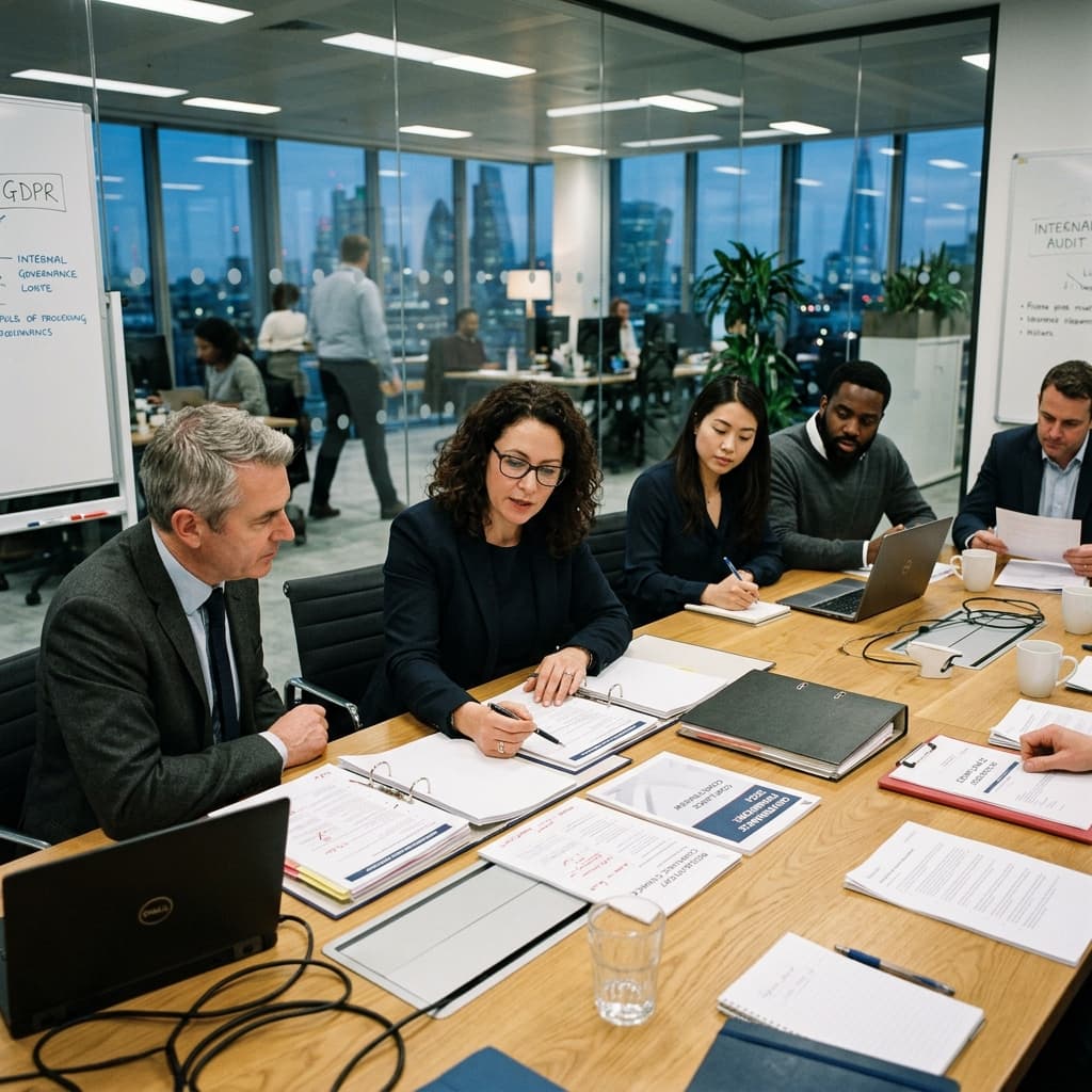 Business professionals reviewing compliance and governance documents around a conference table in a modern office.