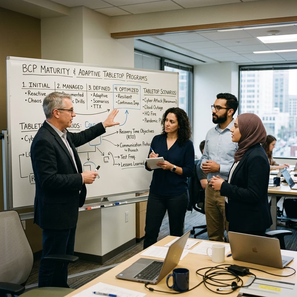 Corporate continuity leaders discussing adaptive tabletop programs and business disaster recovery scenarios across four maturity levels on a whiteboard.