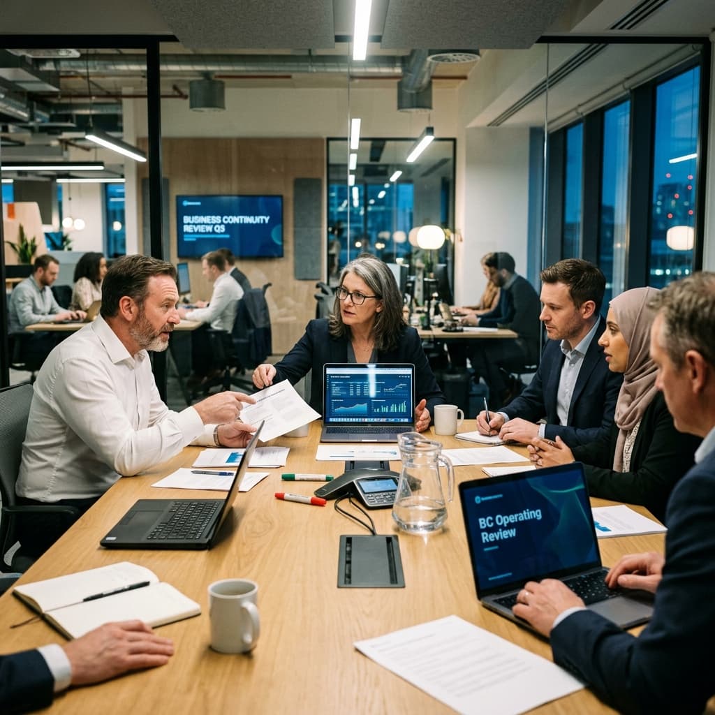 Corporate leadership team collaborating at a conference table during a business continuity operating review.