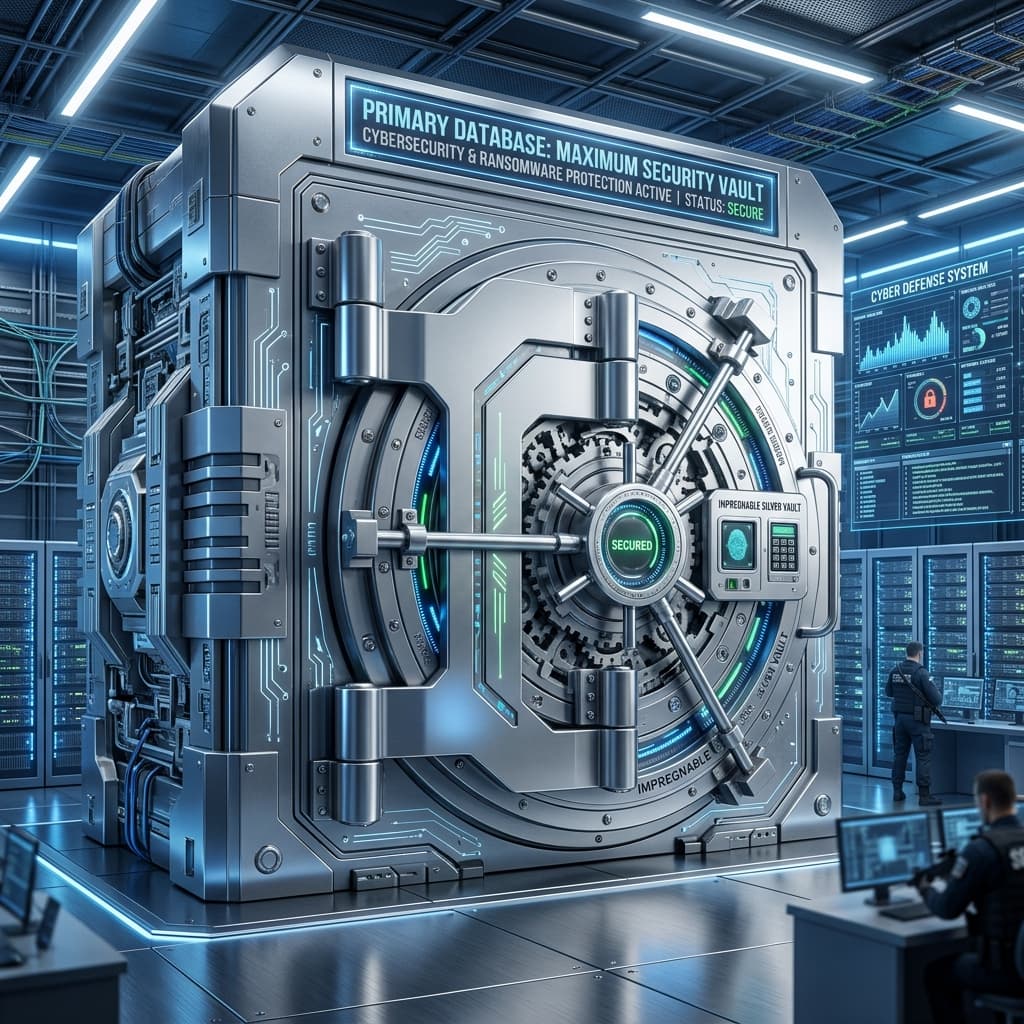 A highly secure digital vault constructed from impenetrable silver locking a primary database.