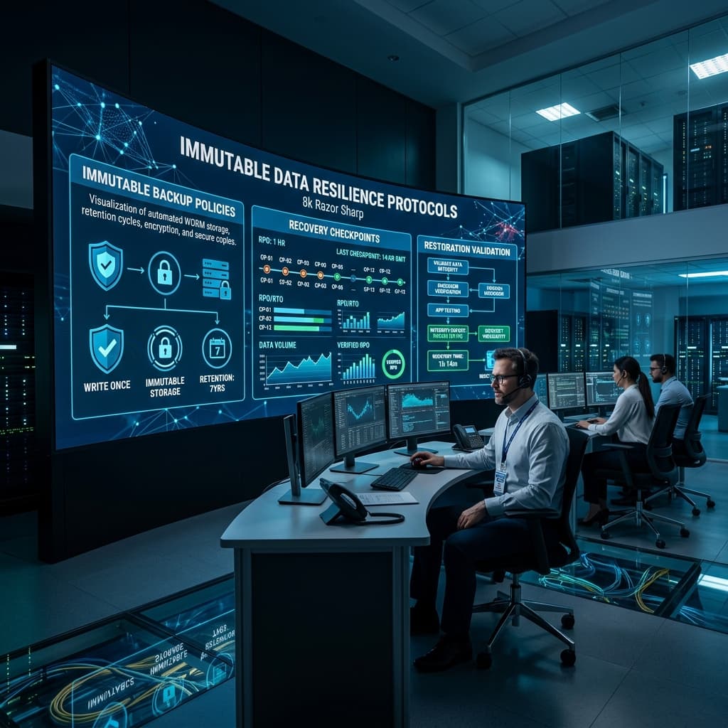 A visualization of immutable backup policies, recovery checkpoints, and restoration validation steps in a corporate NOC.