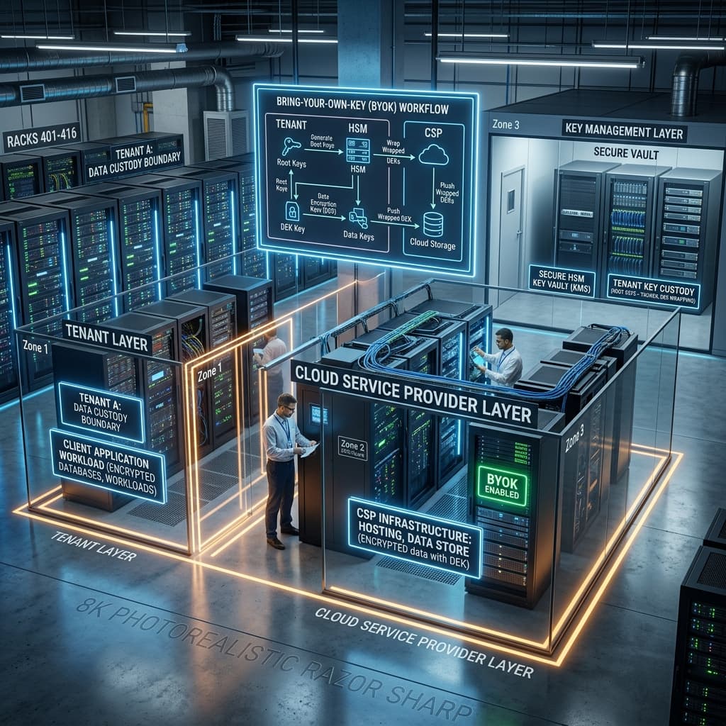 A visualization of bring-your-own-key custody boundaries across tenant, cloud, and key management layers in a server room.