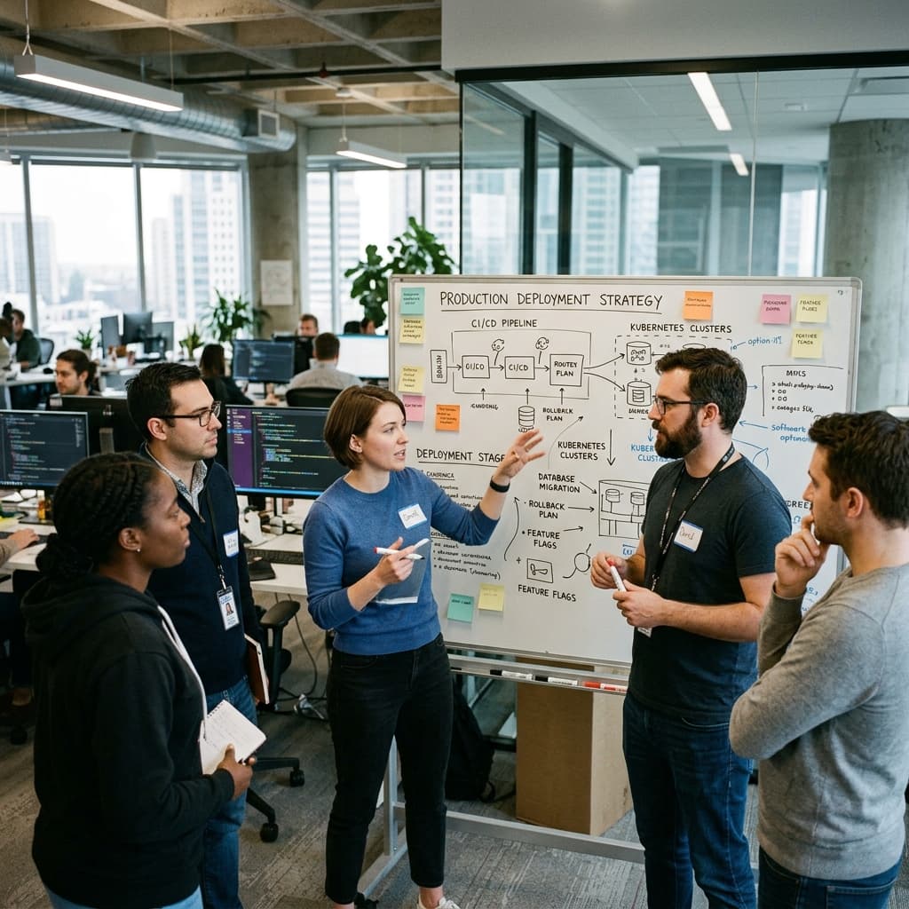 Engineers and product managers discussing deployment strategies at a whiteboard.