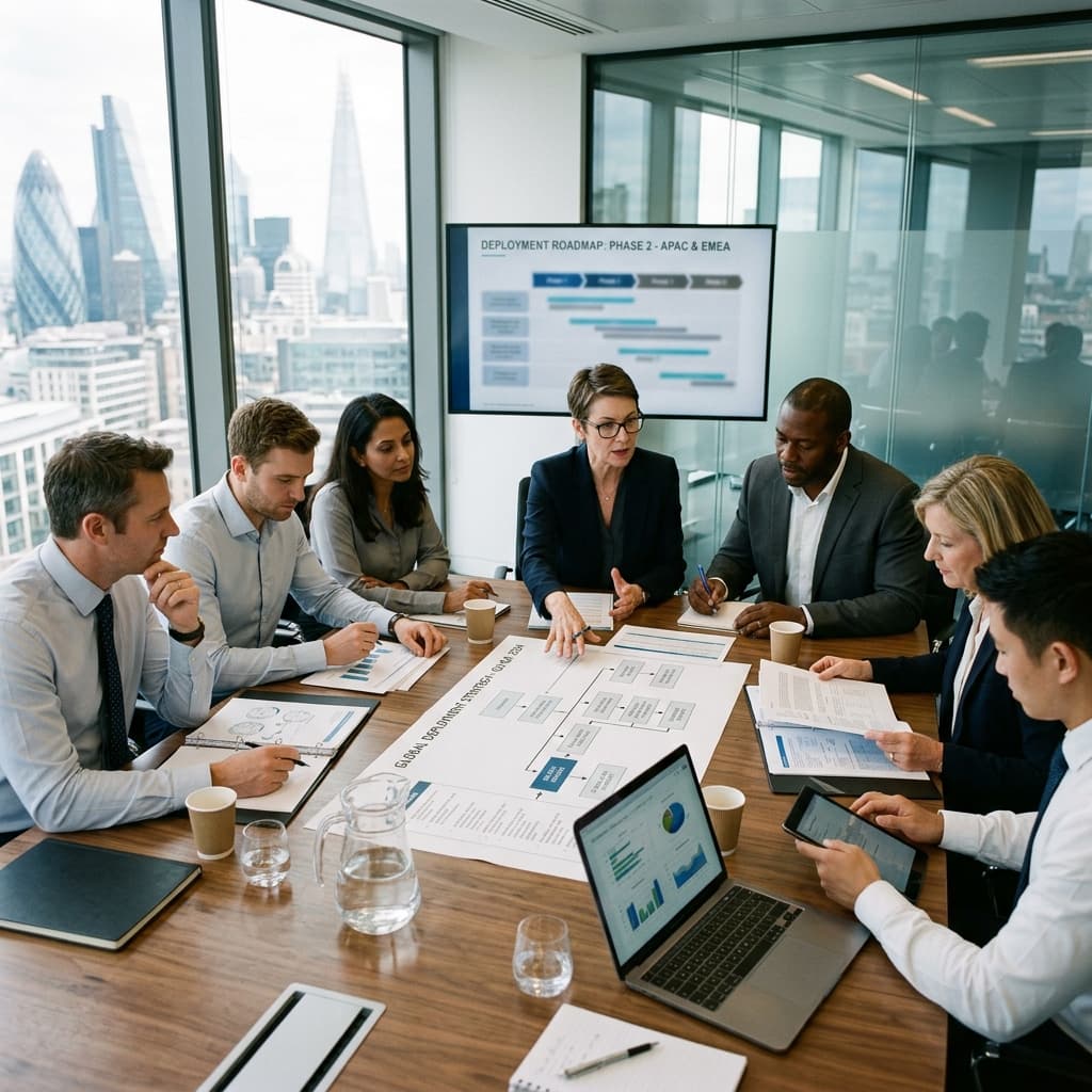 A leadership team collaborating at a conference table during an operational review.
