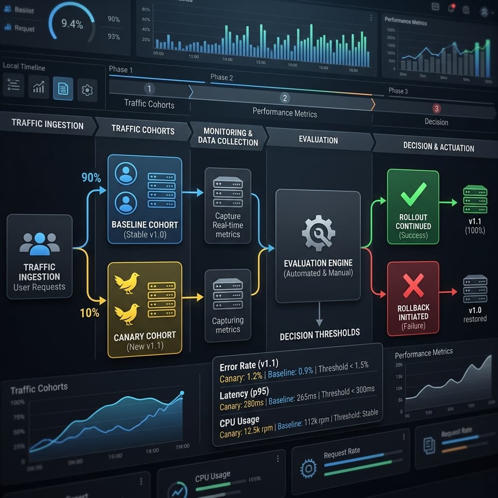 A visualization of canary release evaluation with traffic cohorts, baselines, and decision thresholds.