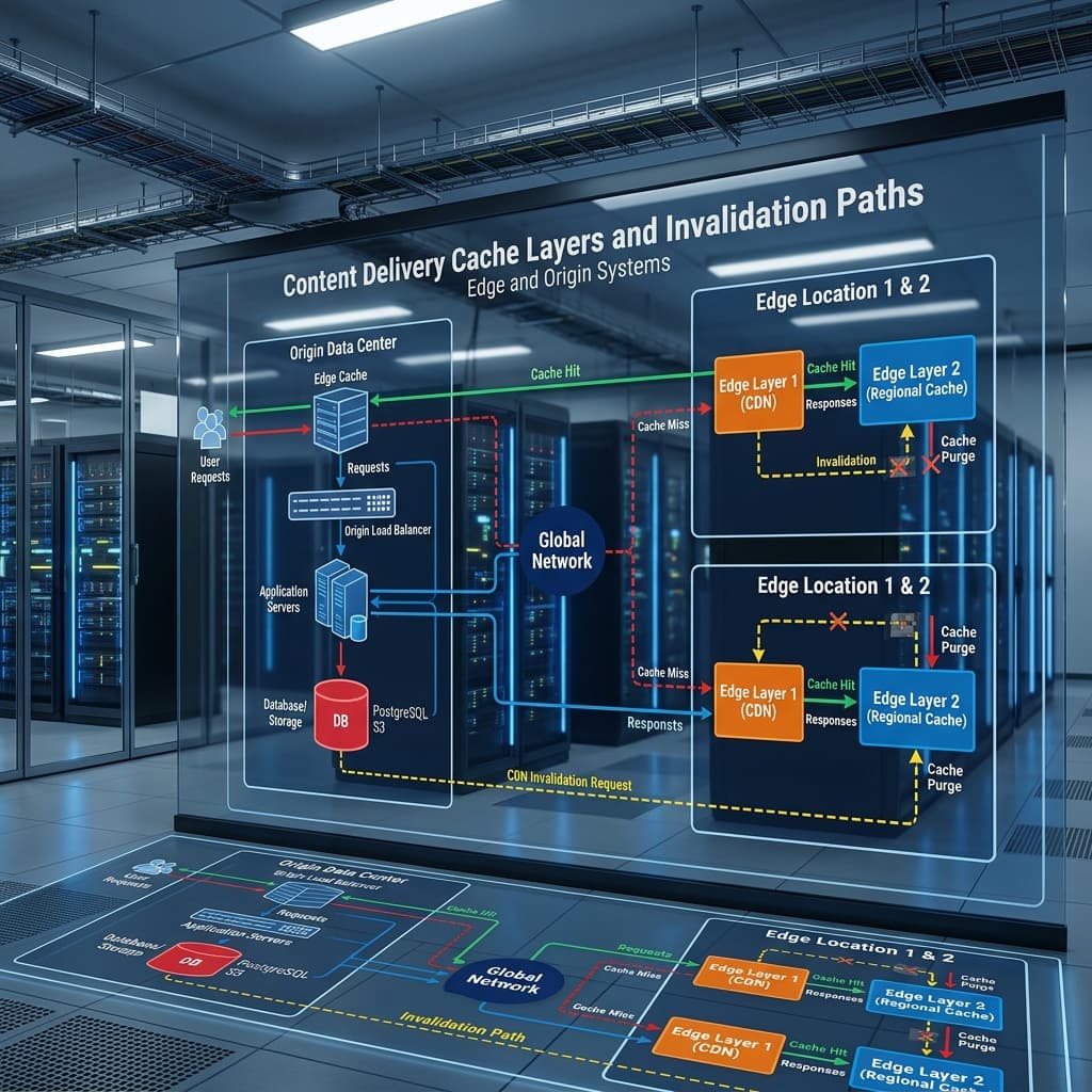 A visualization of content delivery cache layers and invalidation paths across edge and origin systems.