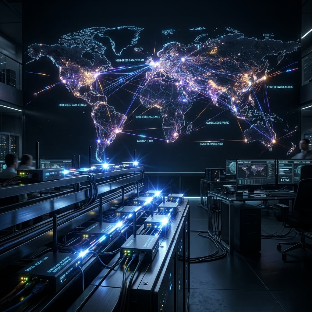 Global edge network nodes flashing data across an abstract cybersecurity map.