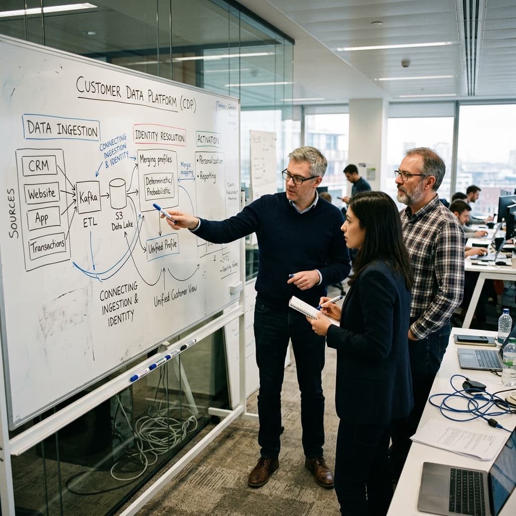 Financial data architects analyzing a customer data platform architecture diagram on a whiteboard.